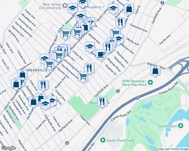map of restaurants, bars, coffee shops, grocery stores, and more near 49A Fulton Avenue in Jersey City