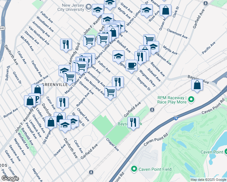 map of restaurants, bars, coffee shops, grocery stores, and more near 415 Ocean Avenue in Jersey City