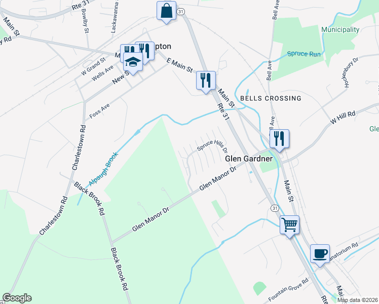 map of restaurants, bars, coffee shops, grocery stores, and more near 1804 Spruce Hills Drive in Glen Gardner