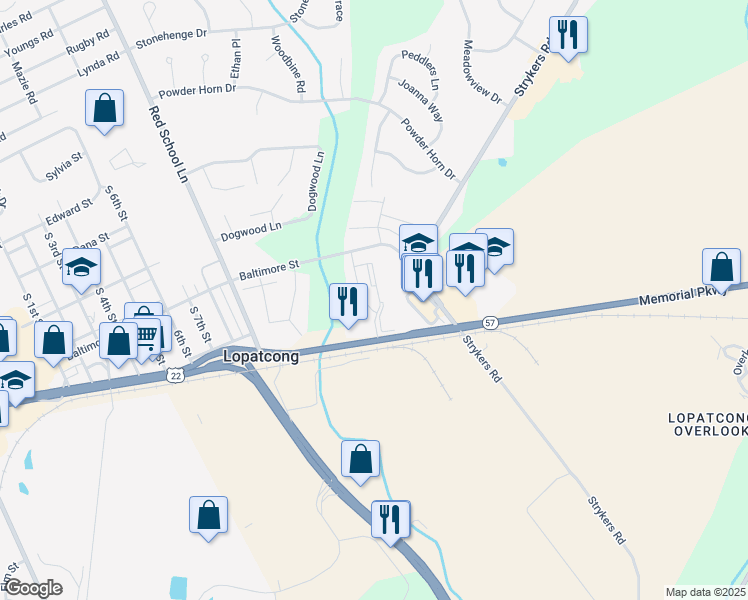map of restaurants, bars, coffee shops, grocery stores, and more near 71 New Jersey 57 in Phillipsburg