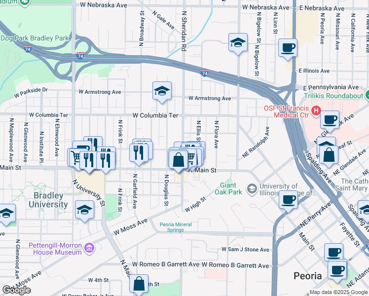 map of restaurants, bars, coffee shops, grocery stores, and more near 1101 North Sheridan Road in Peoria