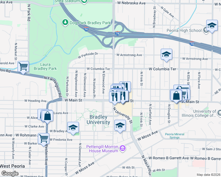 map of restaurants, bars, coffee shops, grocery stores, and more near 1026 North University Street in Peoria