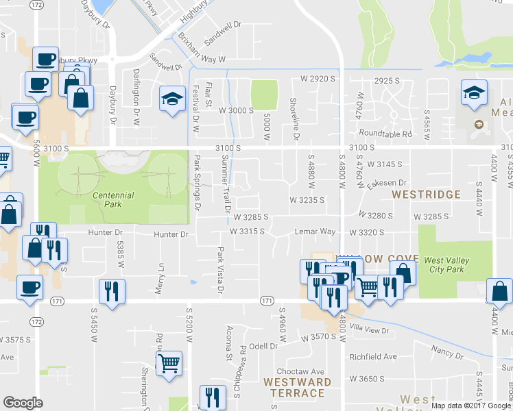 map of restaurants, bars, coffee shops, grocery stores, and more near 5022 West White Diamond Way in West Valley City