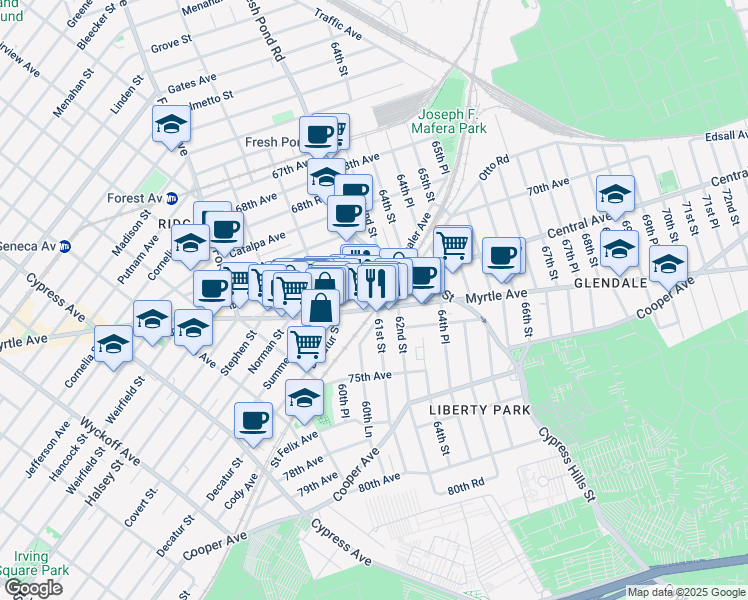 map of restaurants, bars, coffee shops, grocery stores, and more near 6101 Myrtle Avenue in Queens