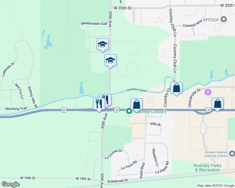 map of restaurants, bars, coffee shops, grocery stores, and more near The Links Trail in Kearney