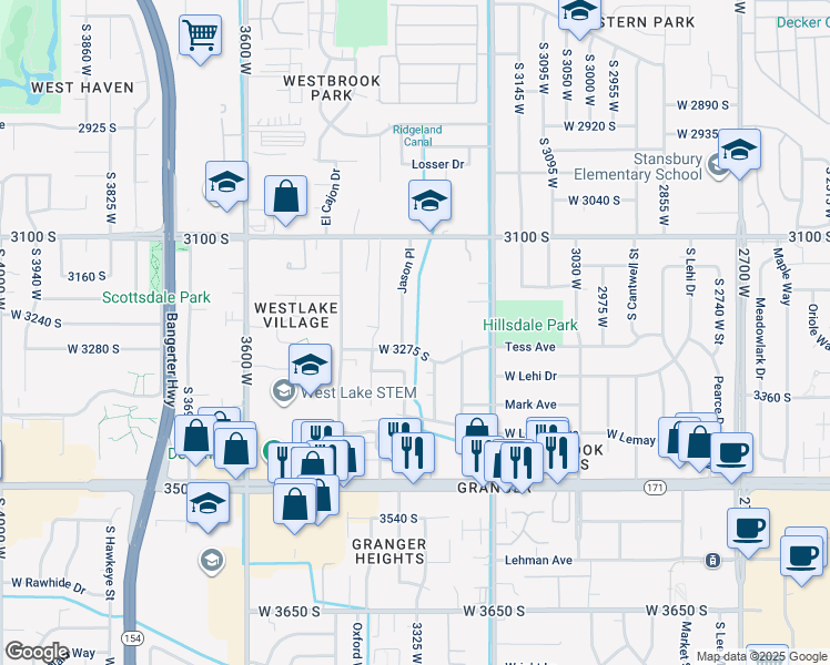 map of restaurants, bars, coffee shops, grocery stores, and more near 3249 Jason Place in West Valley City