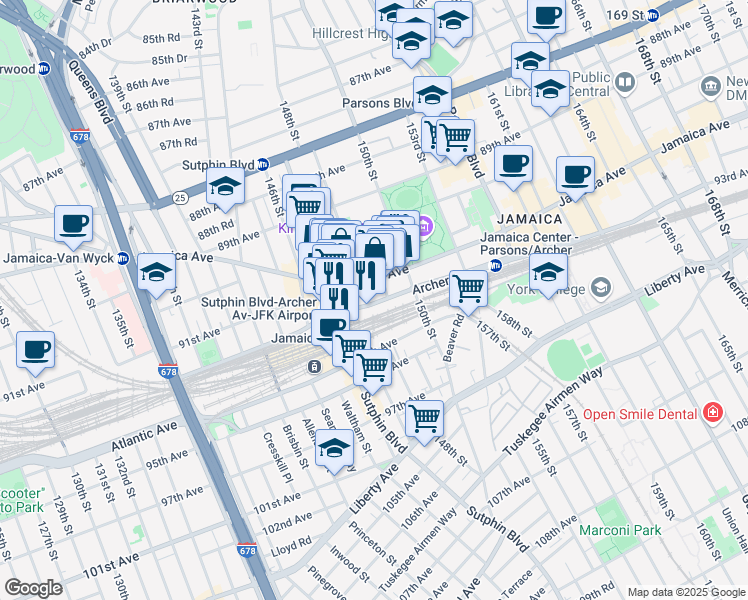 map of restaurants, bars, coffee shops, grocery stores, and more near 148-5 Archer Avenue in Queens