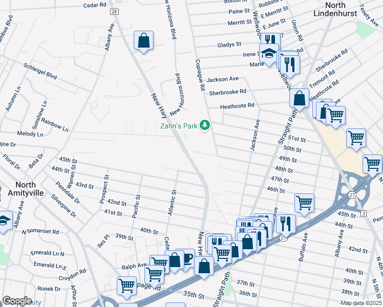 map of restaurants, bars, coffee shops, grocery stores, and more near 481 Corporal Tony Casamento Highway in Copiague