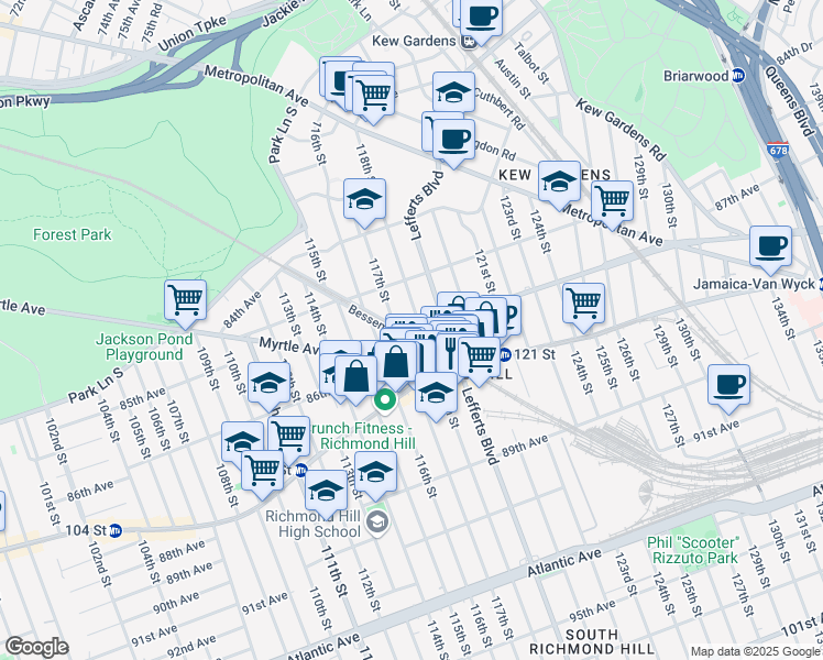 map of restaurants, bars, coffee shops, grocery stores, and more near 85-60 118th Street in Queens