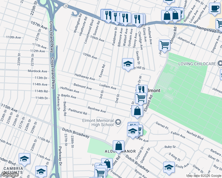 map of restaurants, bars, coffee shops, grocery stores, and more near 130 Ludlam Avenue in Elmont