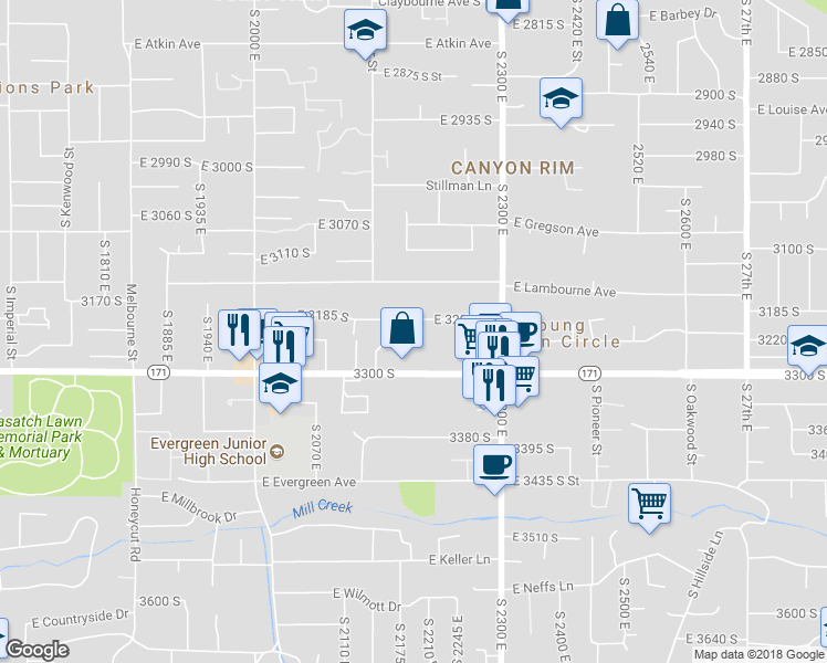 map of restaurants, bars, coffee shops, grocery stores, and more near 2192 East 3205 South in Salt Lake City