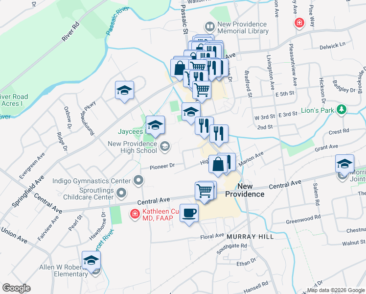 map of restaurants, bars, coffee shops, grocery stores, and more near 53 Westview Avenue in New Providence