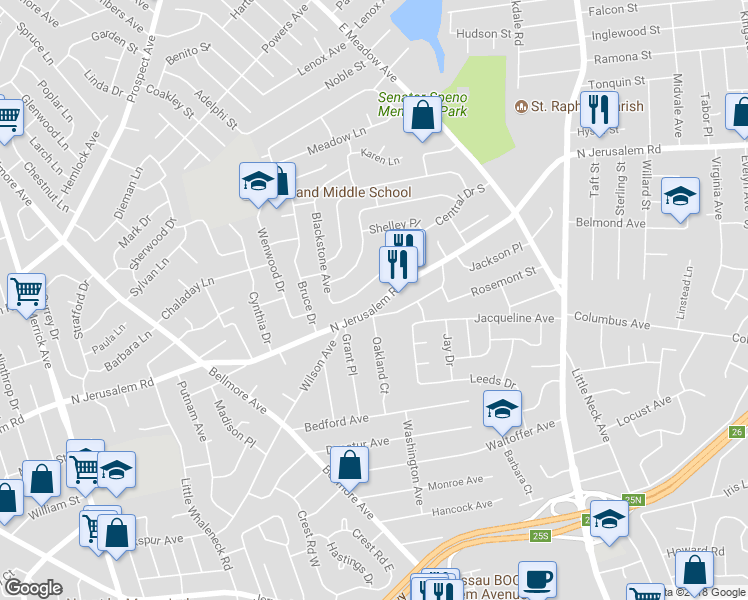 map of restaurants, bars, coffee shops, grocery stores, and more near 2001 North Jerusalem Road in East Meadow