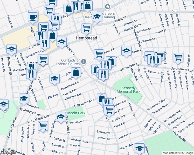 map of restaurants, bars, coffee shops, grocery stores, and more near 1 Jerusalem Avenue in Hempstead