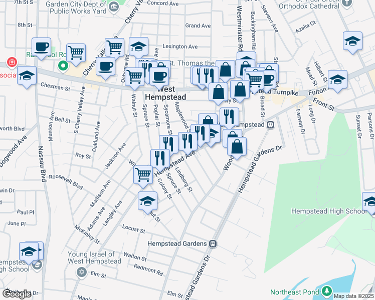 map of restaurants, bars, coffee shops, grocery stores, and more near 293 Hempstead Avenue in West Hempstead