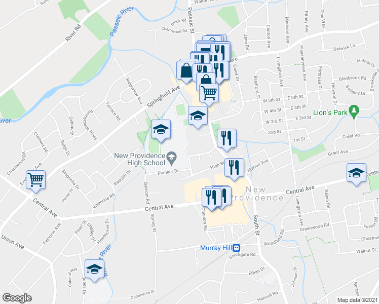 map of restaurants, bars, coffee shops, grocery stores, and more near 53 Westview Avenue in New Providence