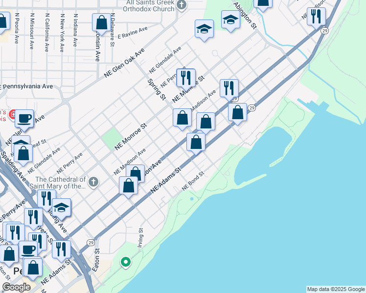 map of restaurants, bars, coffee shops, grocery stores, and more near 1200 Northeast Jefferson Street in Peoria
