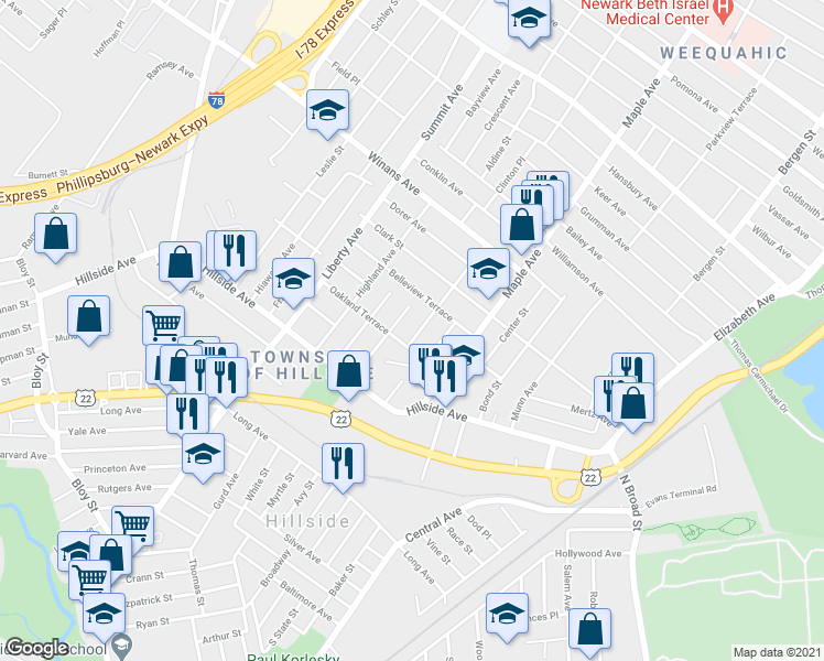 map of restaurants, bars, coffee shops, grocery stores, and more near 1438 Compton Terrace in Hillside