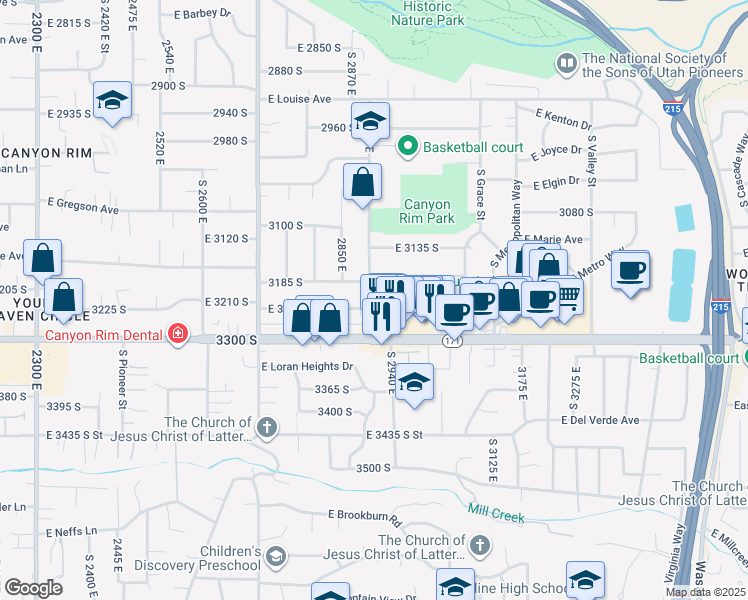 map of restaurants, bars, coffee shops, grocery stores, and more near 2905 3215 South in Salt Lake City