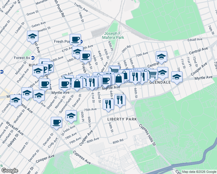 map of restaurants, bars, coffee shops, grocery stores, and more near 64 Myrtle Avenue in Queens