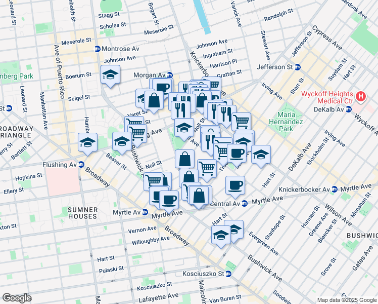 map of restaurants, bars, coffee shops, grocery stores, and more near 31 George Street in Brooklyn
