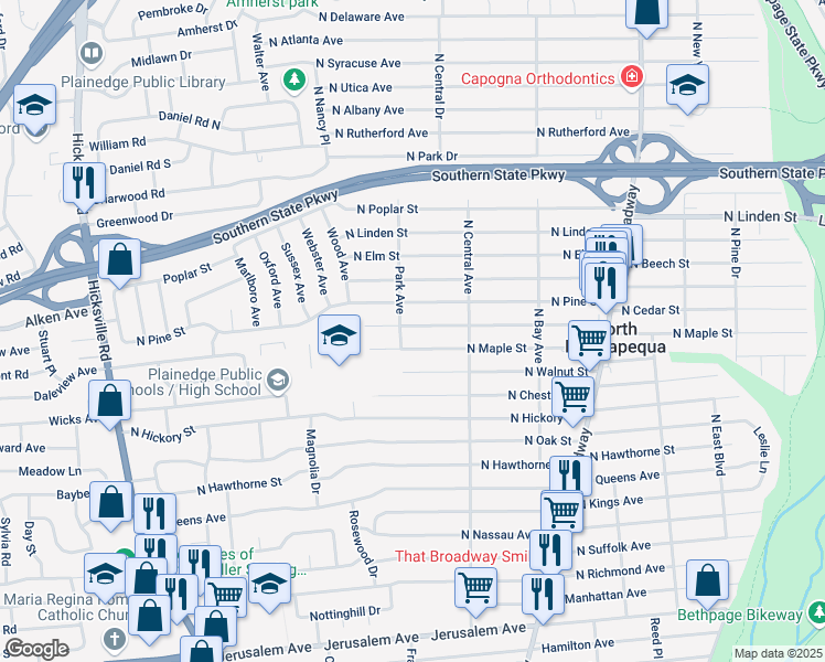 map of restaurants, bars, coffee shops, grocery stores, and more near 258 North Cedar Street in Massapequa