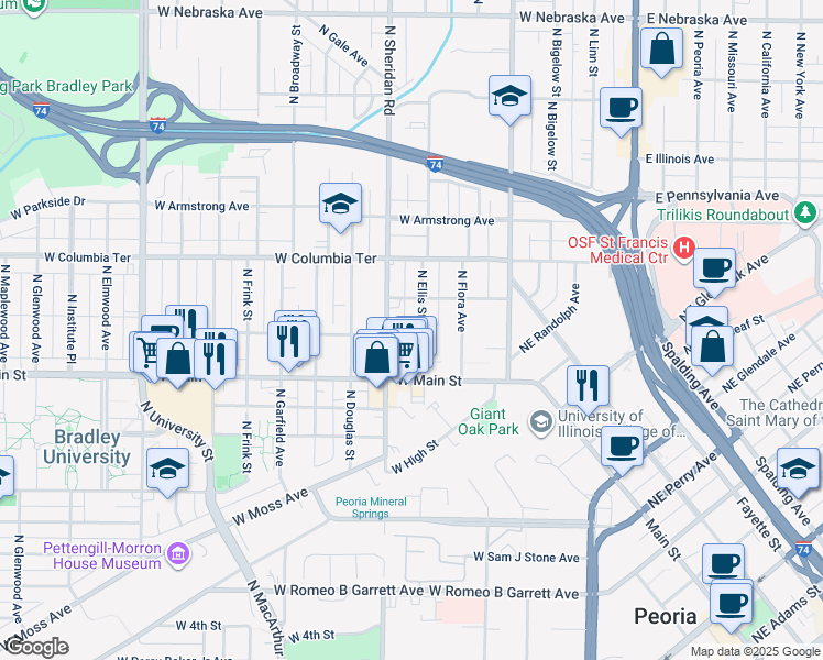 map of restaurants, bars, coffee shops, grocery stores, and more near 1101 North Ellis Street in Peoria
