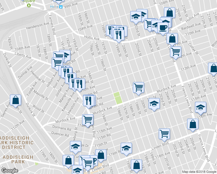 map of restaurants, bars, coffee shops, grocery stores, and more near 112-20 196th Street in Queens