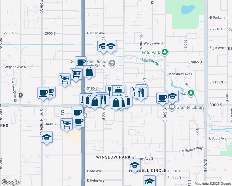 map of restaurants, bars, coffee shops, grocery stores, and more near 3206 South 300 East in South Salt Lake