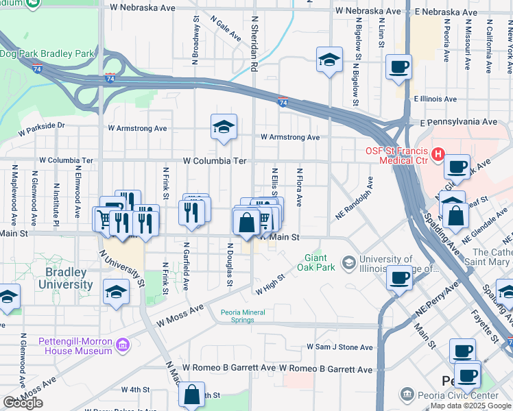 map of restaurants, bars, coffee shops, grocery stores, and more near 613 West Russell Street in Peoria