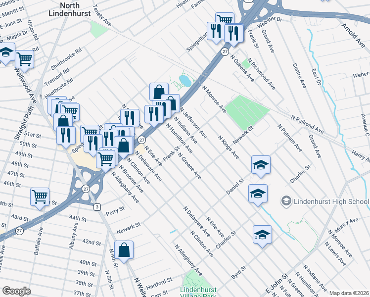 map of restaurants, bars, coffee shops, grocery stores, and more near 693 North Hamilton Avenue in Lindenhurst