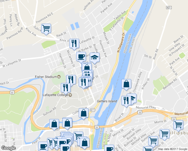 map of restaurants, bars, coffee shops, grocery stores, and more near 325 High Street in Easton