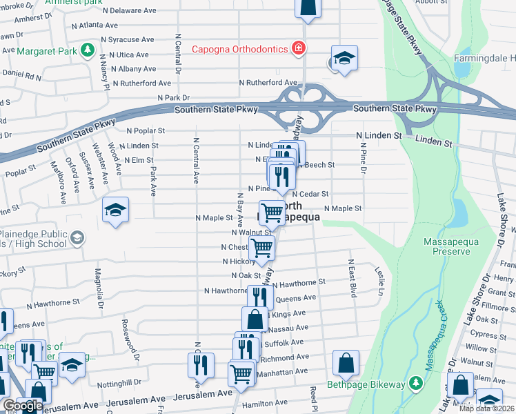 map of restaurants, bars, coffee shops, grocery stores, and more near 220 North Cedar Street in Massapequa