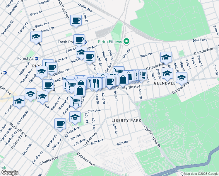 map of restaurants, bars, coffee shops, grocery stores, and more near 6207 Myrtle Avenue in Queens