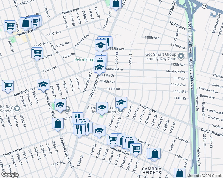 map of restaurants, bars, coffee shops, grocery stores, and more near 217-46 114th Road in Queens