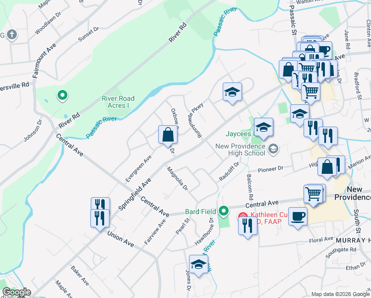 map of restaurants, bars, coffee shops, grocery stores, and more near 1561 Springfield Avenue in New Providence