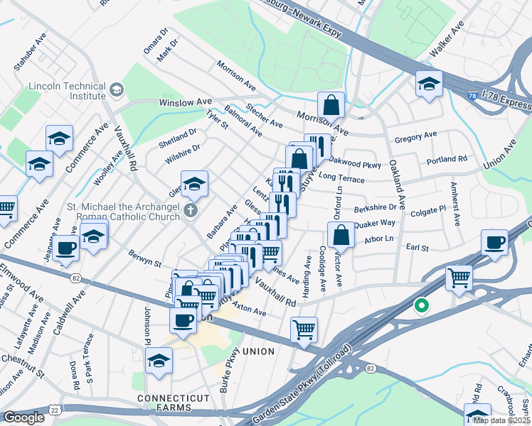 map of restaurants, bars, coffee shops, grocery stores, and more near 2021 Gless Avenue in Union