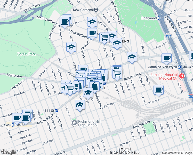 map of restaurants, bars, coffee shops, grocery stores, and more near 86-21 120th Street in Queens
