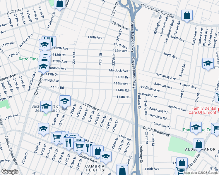 map of restaurants, bars, coffee shops, grocery stores, and more near 226-11 114th Road in Queens