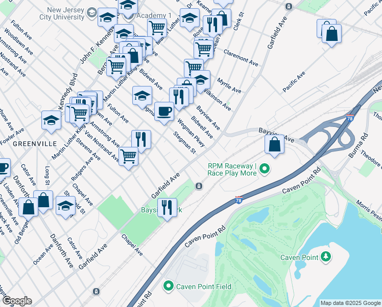 map of restaurants, bars, coffee shops, grocery stores, and more near 593 Garfield Avenue in Jersey City