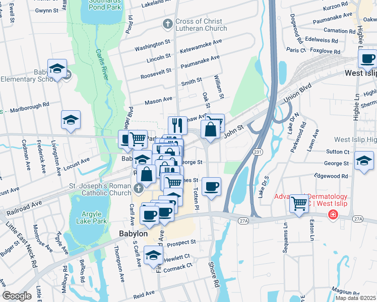 map of restaurants, bars, coffee shops, grocery stores, and more near 19 Greenmeadow Drive in Babylon