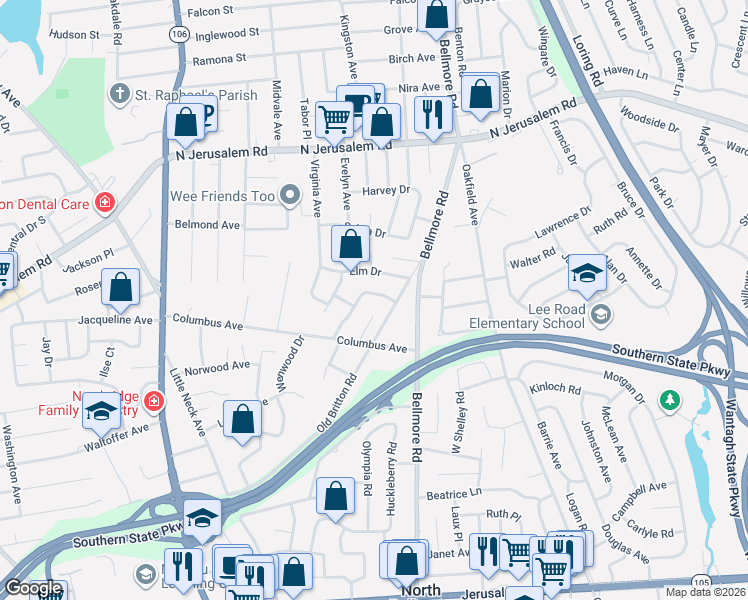 map of restaurants, bars, coffee shops, grocery stores, and more near 854 Beckman Drive in North Bellmore
