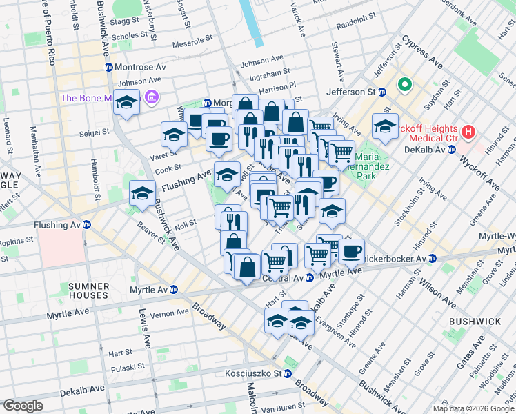map of restaurants, bars, coffee shops, grocery stores, and more near Central Ave & Melrose St in Brooklyn
