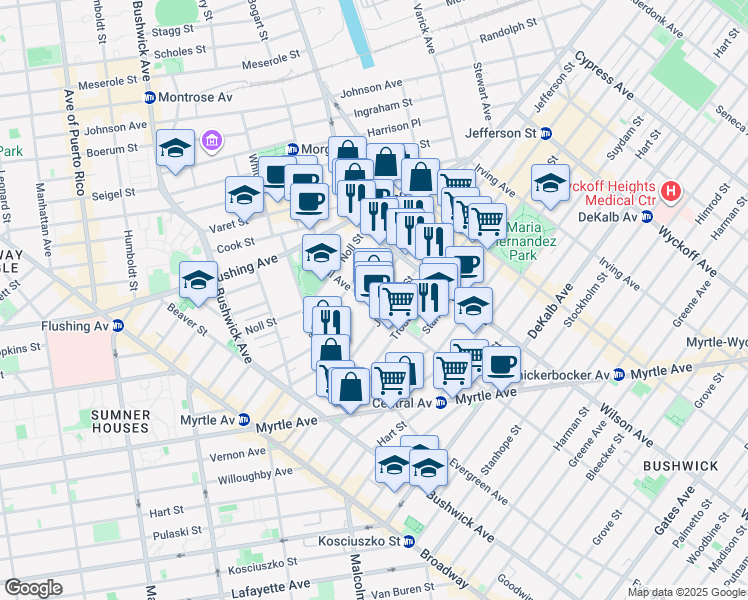 map of restaurants, bars, coffee shops, grocery stores, and more near 69 Central Avenue in Brooklyn