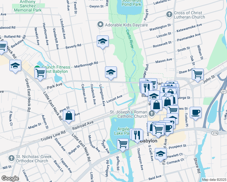 map of restaurants, bars, coffee shops, grocery stores, and more near 51 Ralph Avenue in Babylon