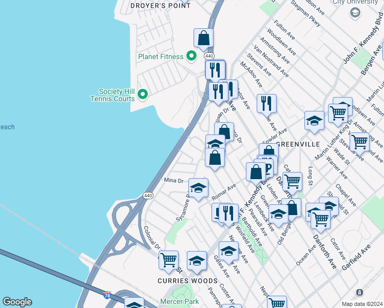 map of restaurants, bars, coffee shops, grocery stores, and more near 14 Pinecrest Road in Jersey City