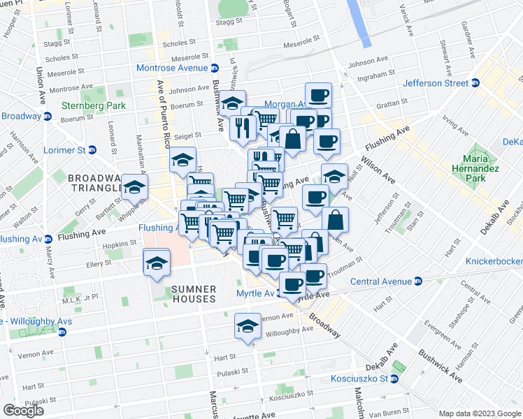 map of restaurants, bars, coffee shops, grocery stores, and more near 480 Bushwick Avenue in Brooklyn