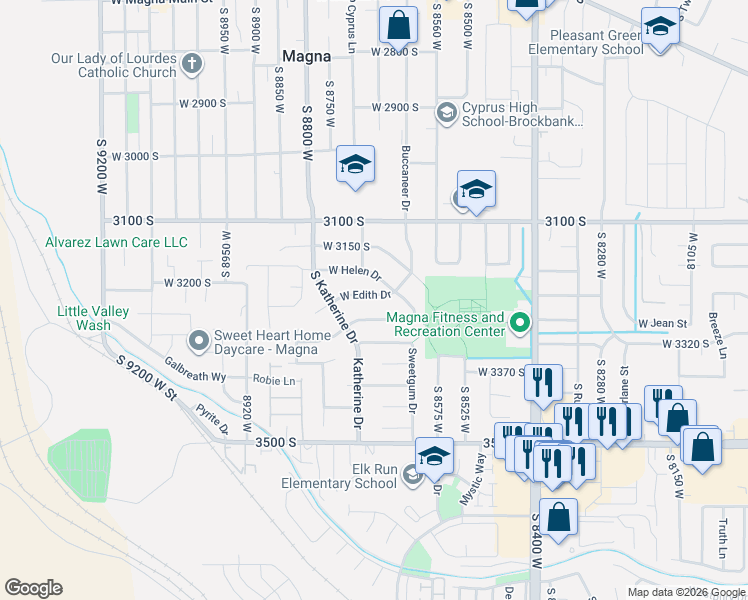map of restaurants, bars, coffee shops, grocery stores, and more near 8689 West Edith Drive in Magna