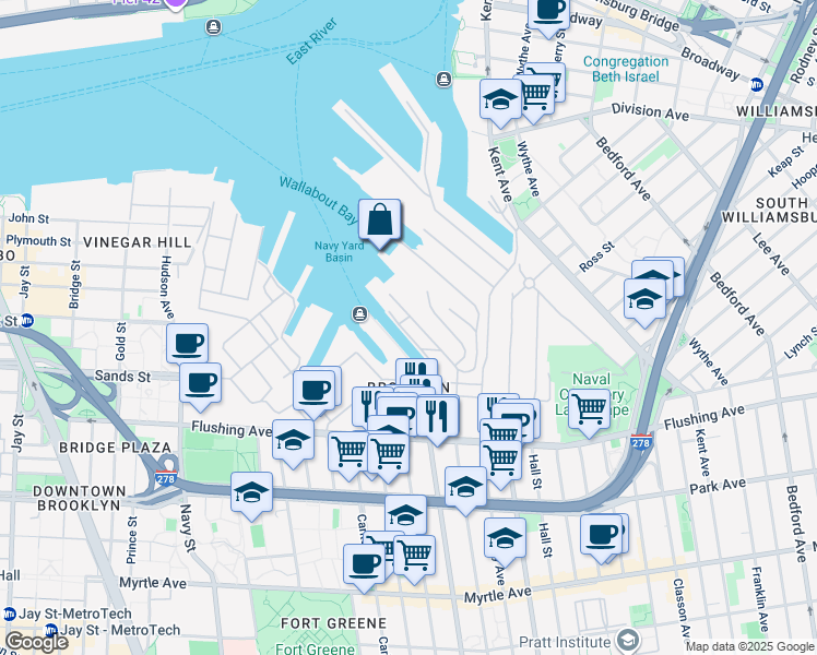 map of restaurants, bars, coffee shops, grocery stores, and more near Market St in Brooklyn