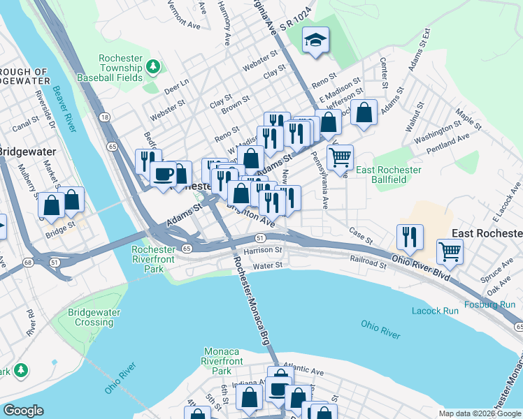 map of restaurants, bars, coffee shops, grocery stores, and more near 385 Pinney Street in Rochester
